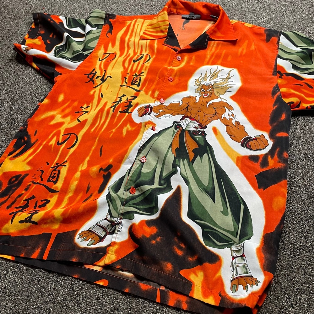 Vintage Jaws Anime Warrior Flame Graphic Button Down Shirt Orange Mens Large - Picture 2 of 6